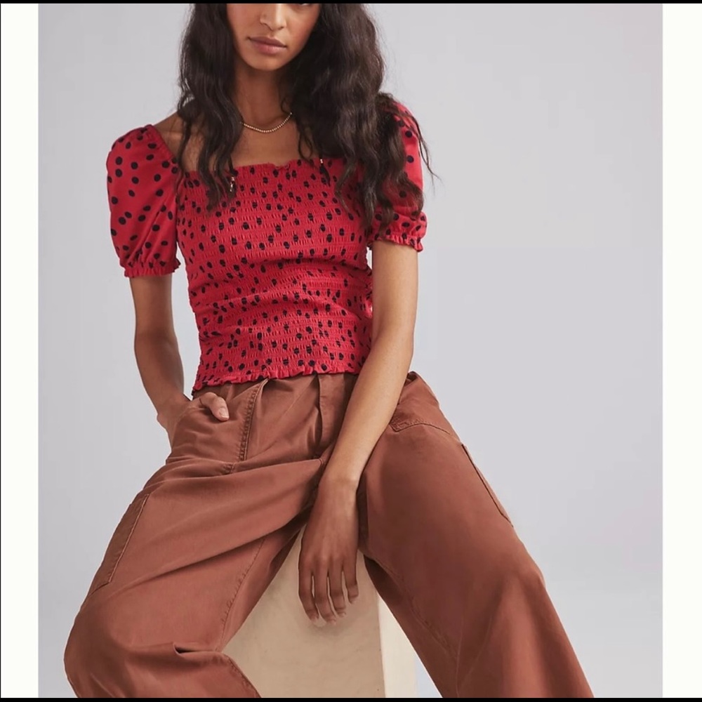Anthropologie Smocked Puff Sleeve Top size L
